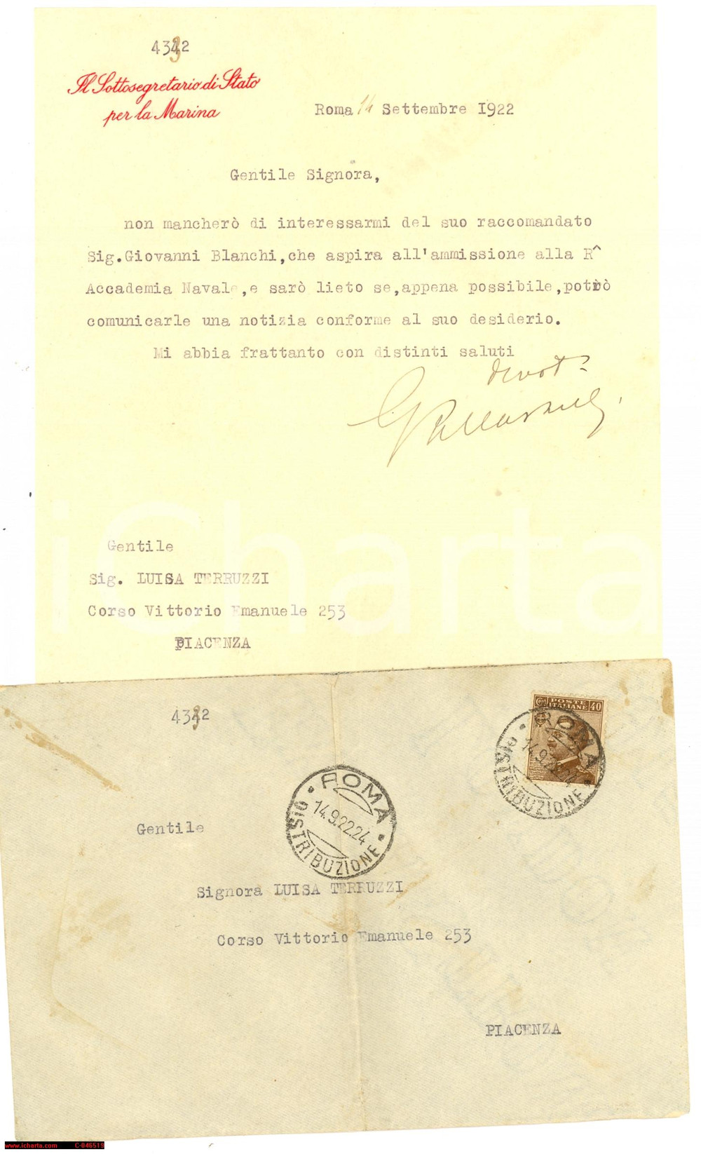 Autografo originale 1922 Raccomandazione on. Giovanni PALLASTRELLI Autogr. 1