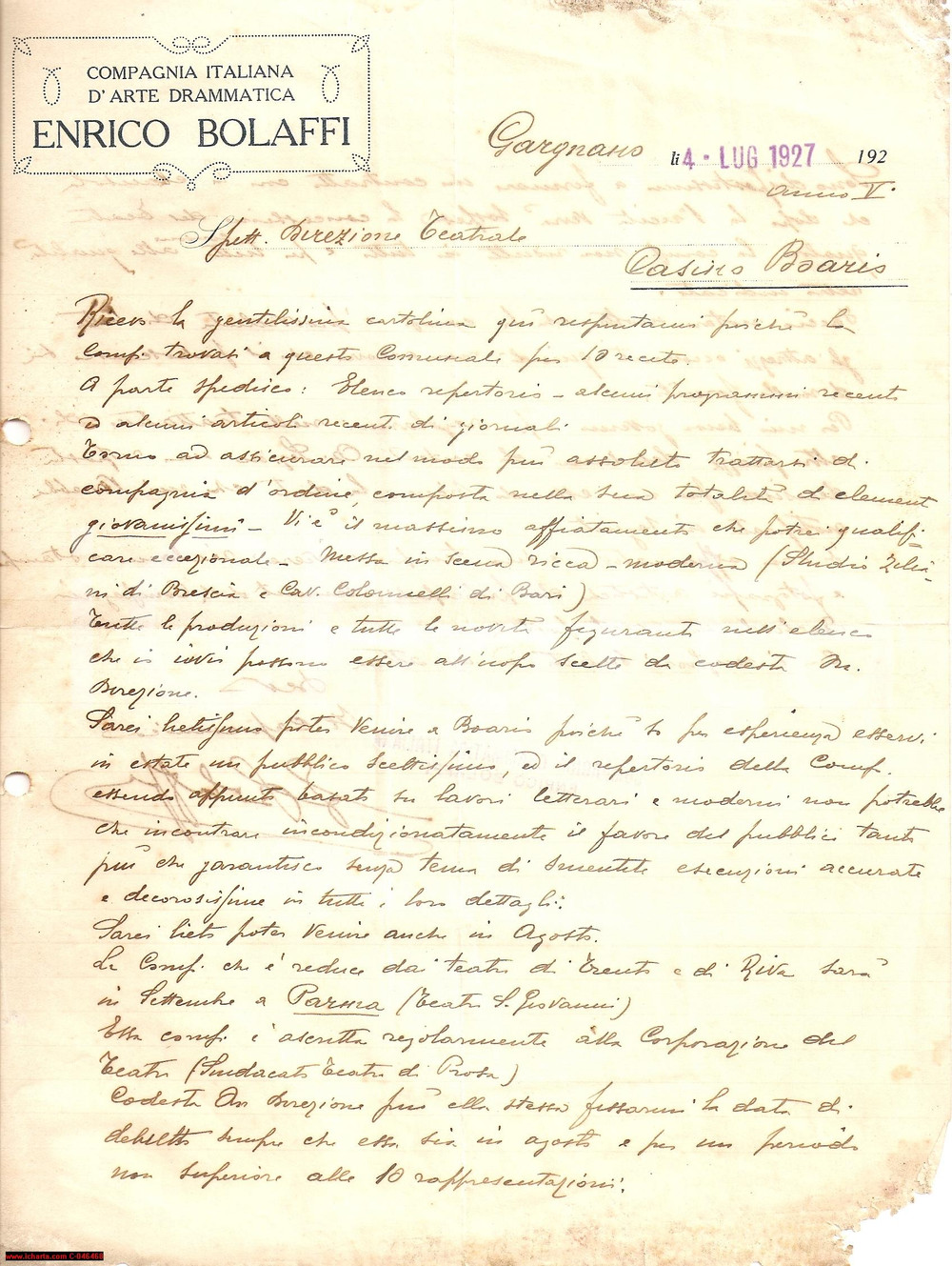 Autografo originale 1927 BOARIO TERME BS Compagnia Enrico BOLAFFI autografo 1