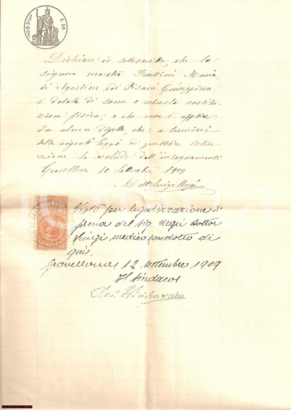 Documento originale, autentico 1909 GRAVELLONA TOCE VB Buona salute di Maria FRATTINI 1