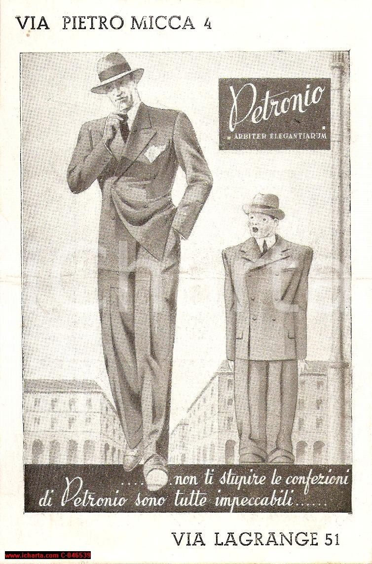 Materiale pubblicitario d’epoca 1930 circa TORINO Sartoria per uomo PETRONIO Volantino illustrato 1
