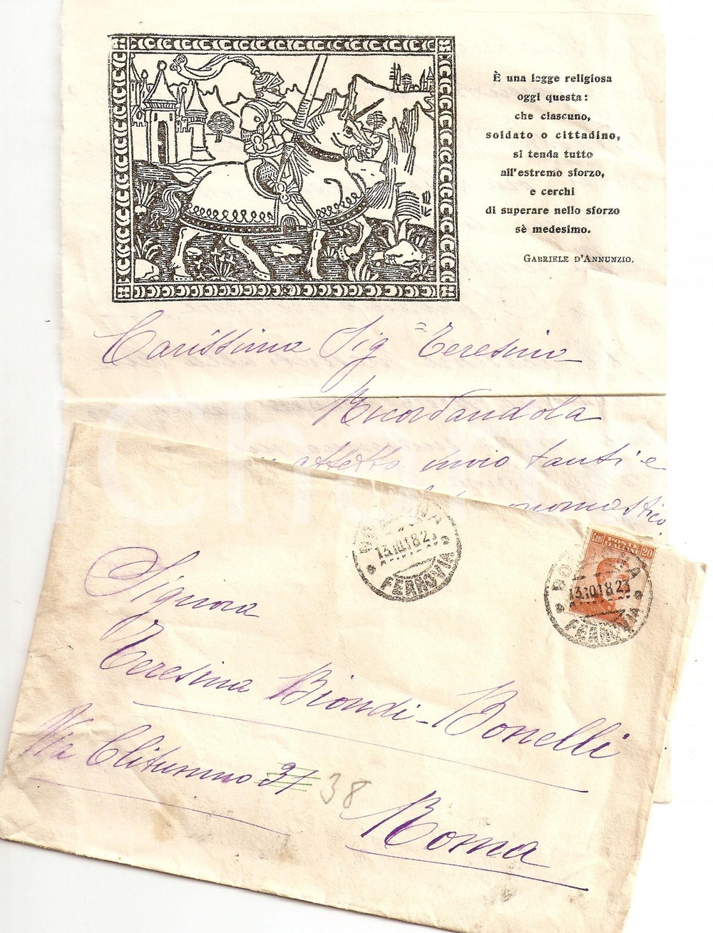 Manoscritto, lettera originale 1918 BOLOGNA Irma GHERARDI Teresa BIONDI con xilografia 1