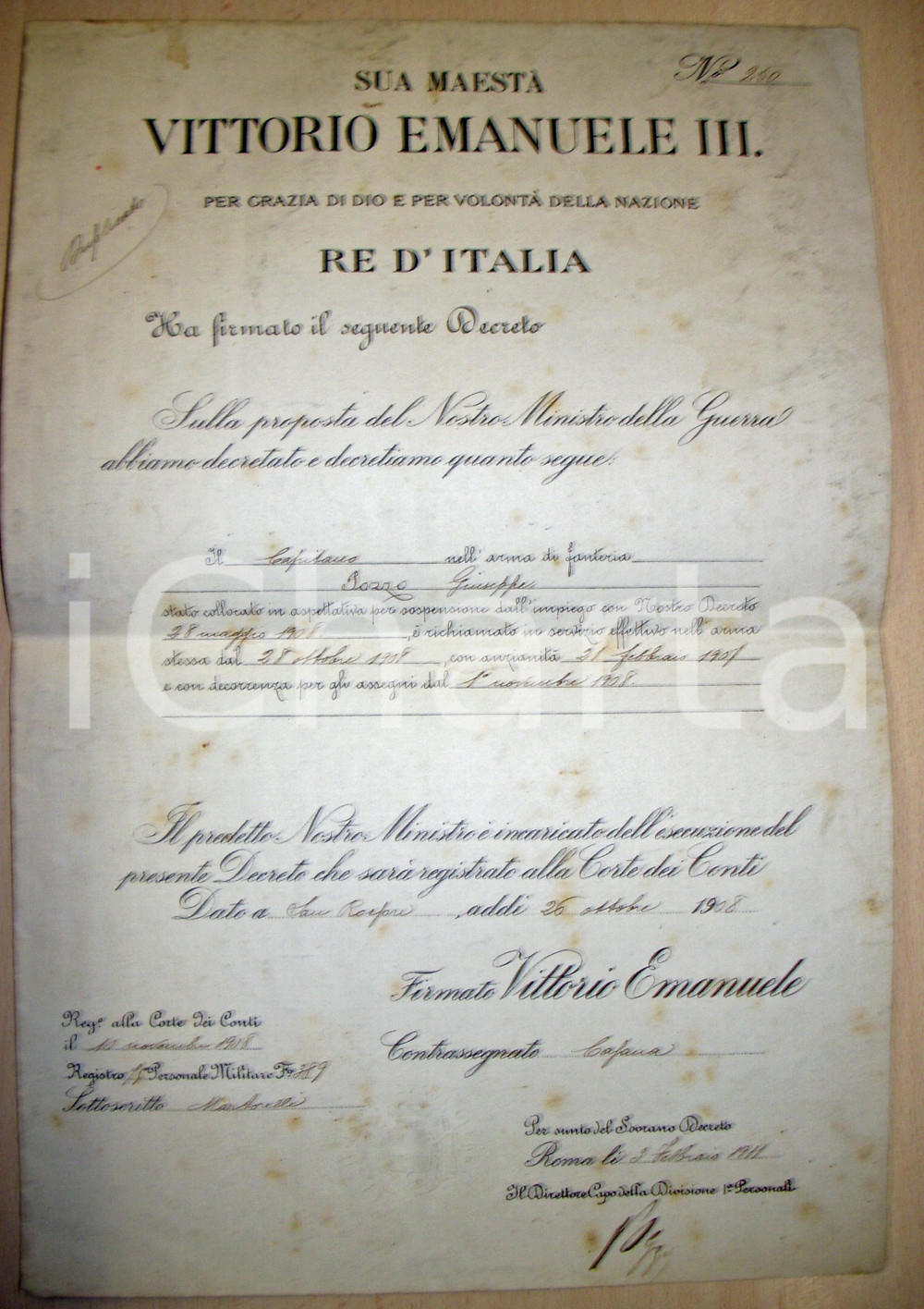 Documento originale, autentico 1908 Cap. Giuseppe POZZO richiamato in servizio Decreto 1
