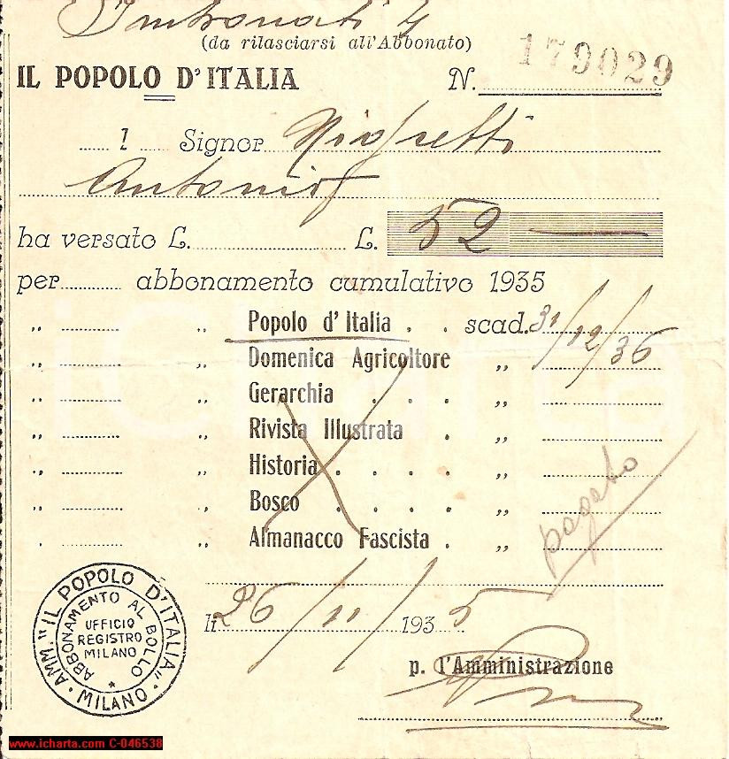 Documento originale, autentico 1935 MILANO Abbonamento annuale POPOLO D ITALIA 1