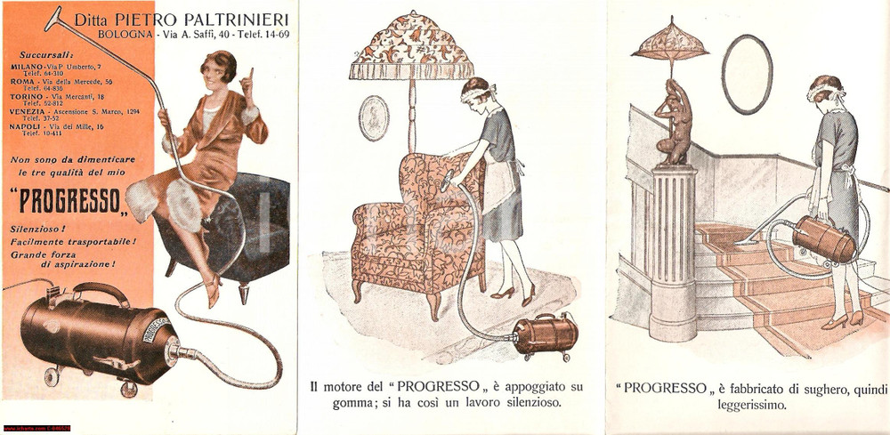 Materiale pubblicitario d’epoca 1928 BOLOGNA Pietro PALTRINIERI Aspirapolvere PROGRESSO 1
