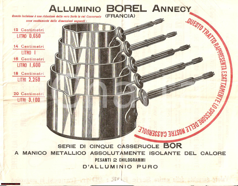 Materiale pubblicitario d’epoca 1930 circa ANNECY Casseruole alluminio BOREL volantino illustrato 1
