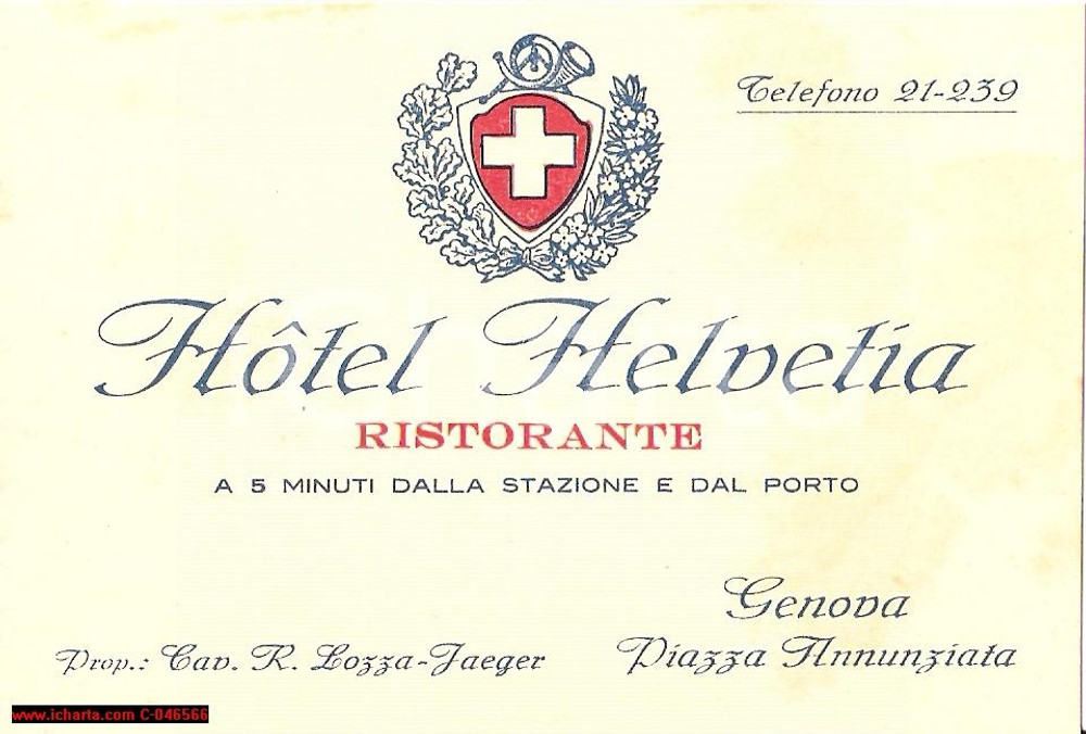 Oggetto da collezione cartaceo 1950 circa GENOVA Hotel HELVETIA piazza ANNUNZIATA 1
