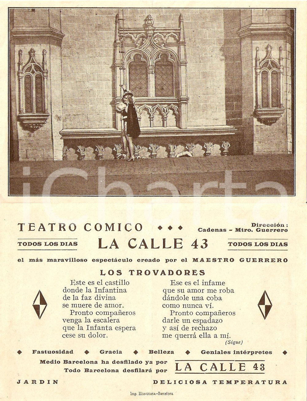 Materiale pubblicitario d’epoca 1940 ca BARCELLONA Teatro Comico LA CALLE 43  Los Trovadores MAESTRO GUERRERO 1