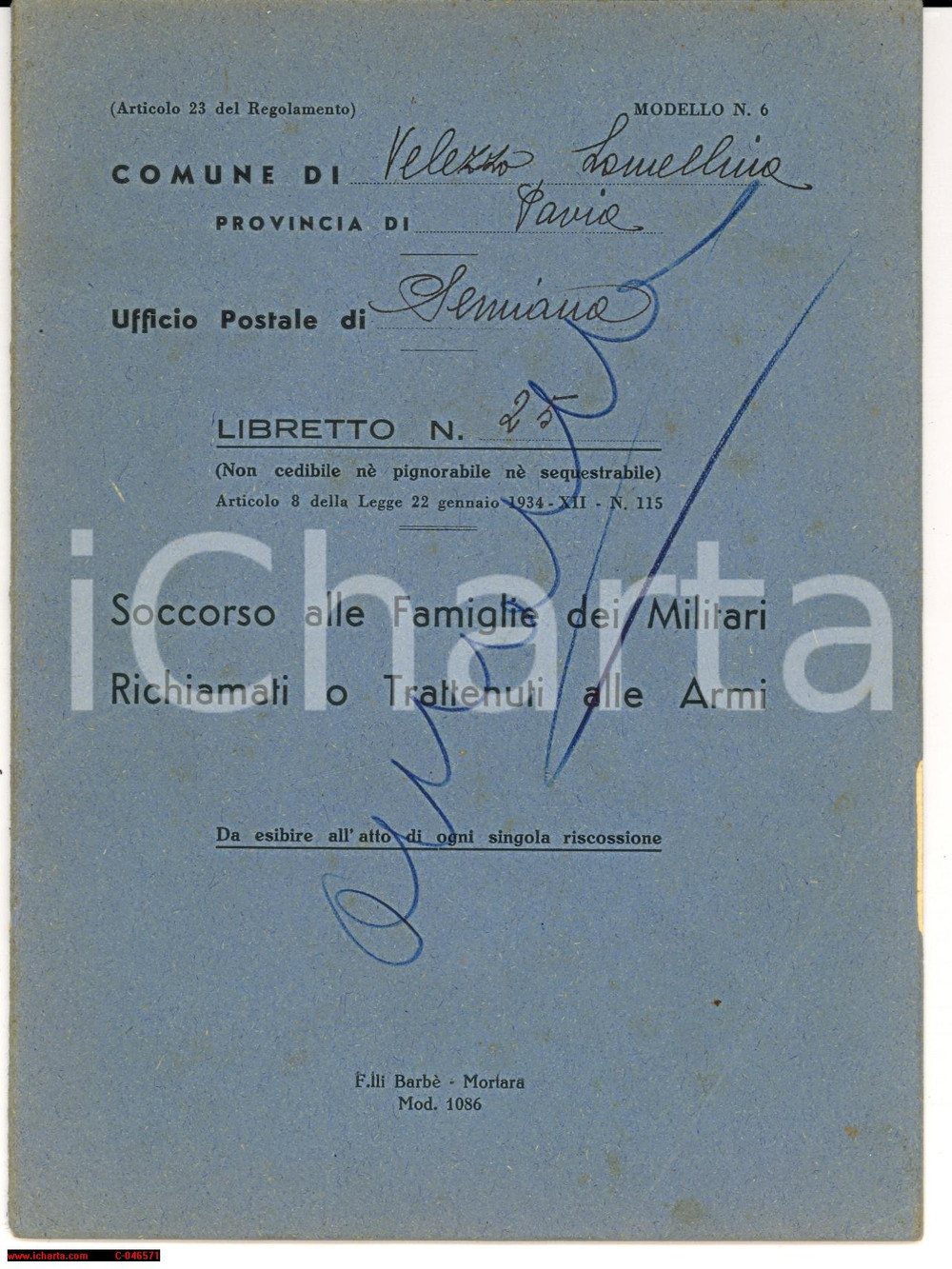 Oggetto da collezione cartaceo 1941 VELEZZO LOMELLINA (PV) Soccorso richiamati WW2 1