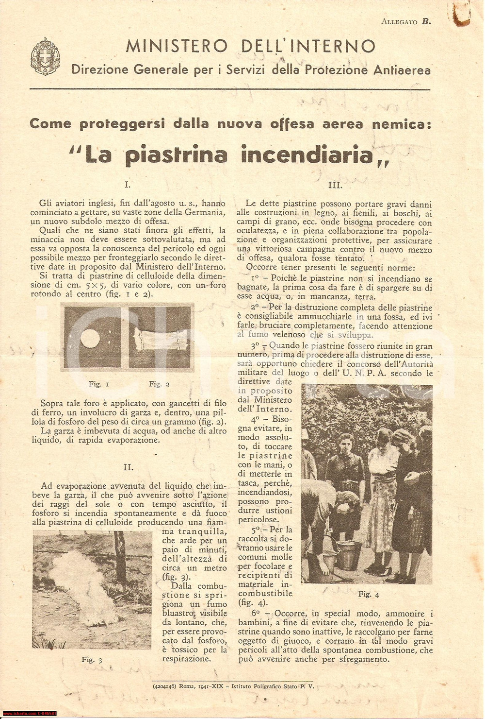 Documento originale, autentico 1941 WW2 ANTIAEREA Proteggersi dalla piastrina INCENDIARIA Volantino 1