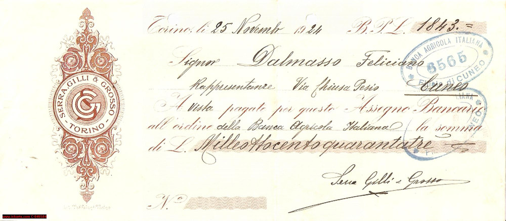 Documento originale, autentico 1924 TORINO Serra Gilli & Grosso Assegno per DALMASSO 1