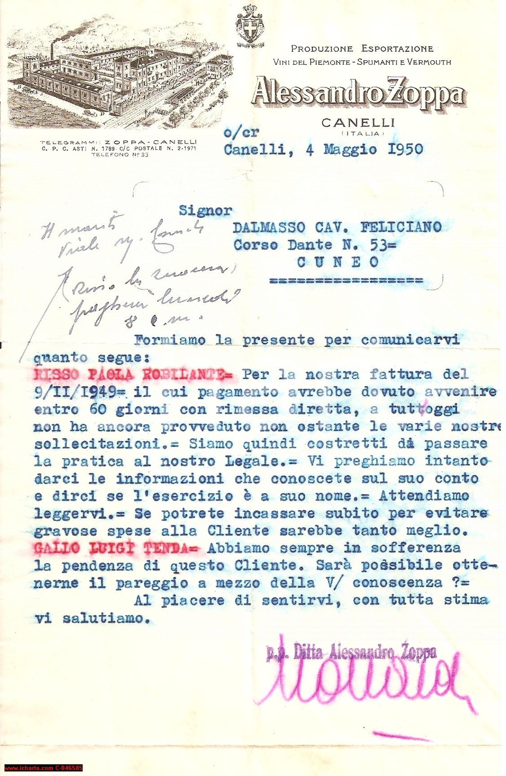 Manoscritto, lettera originale 1950 CANELLI AT Vini del Piemonte Alessandro ZOPPA 1
