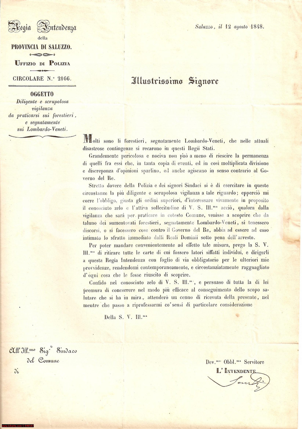 Documento originale, autentico 1848 MORETTA CN Vigilare su cospiratori LOMBARDO-VENETI 1