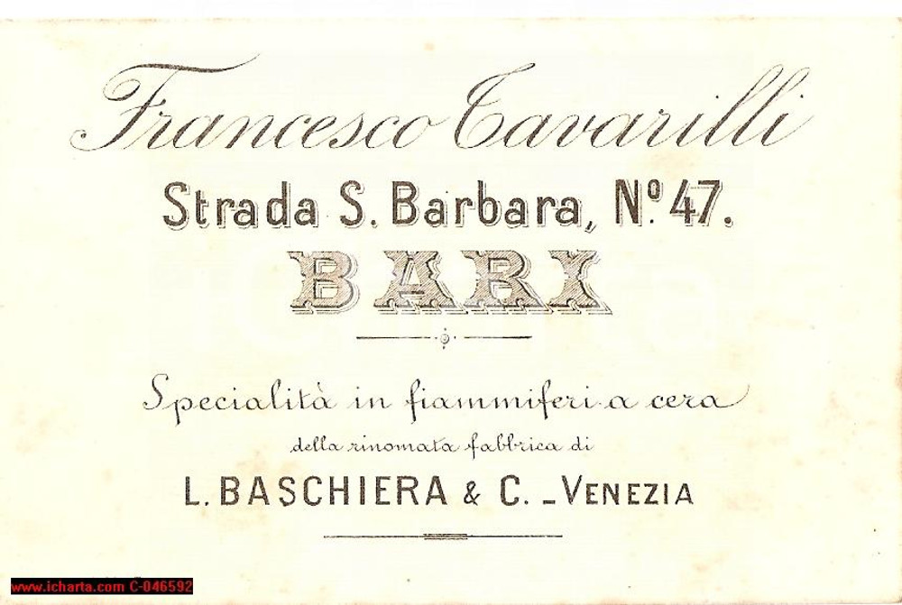 Oggetto da collezione cartaceo 1930 circa BARI Fiammiferi a cera Francesco TAVARILLI 1