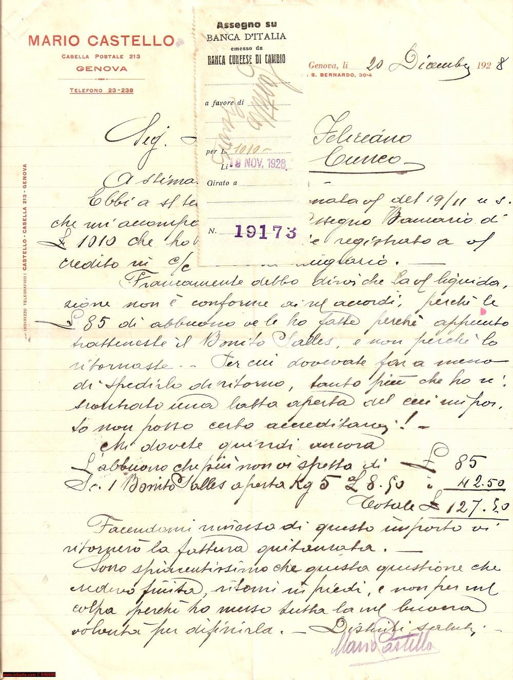 Manoscritto, lettera originale 1928 GENOVA Liquidazione acciughe Feliciano DALMASSO 1