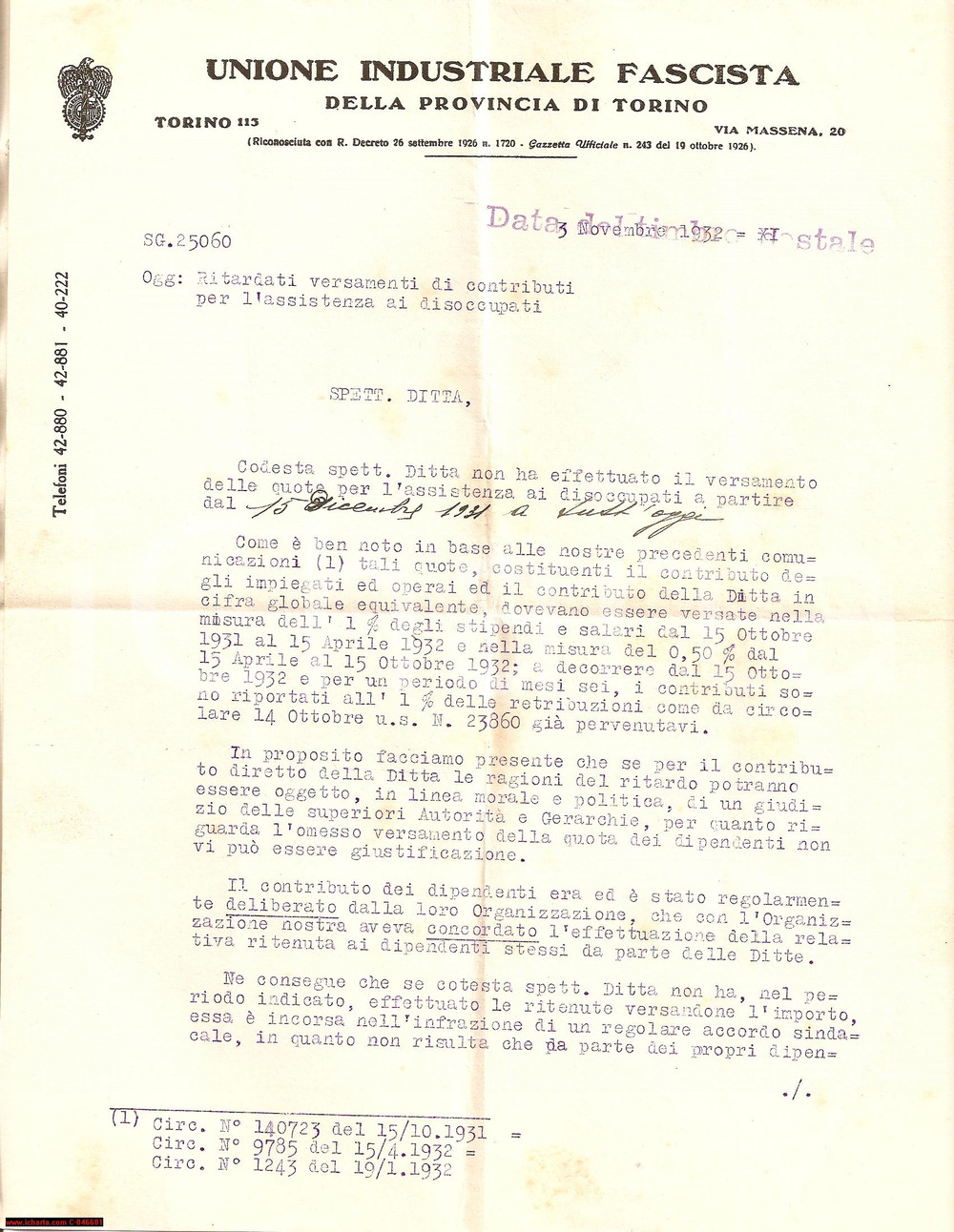 Documento originale, autentico 1932 TORINO Ritardo nell assistenza ai DISOCCUPATI 1
