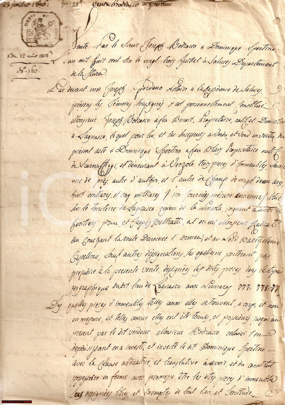 Documento originale, autentico 1806 LAGNASCO (CN) Vendita Giuseppe BODRACCO a SPERTINO 1