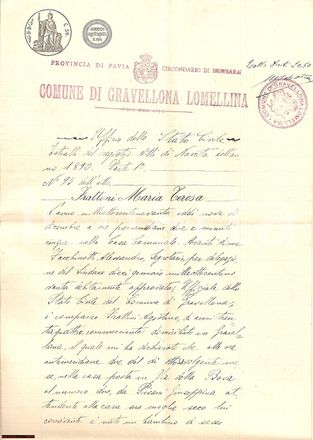 Documento originale, autentico 1890 GRAVELLONA LOMELLINA Nascita Maria Teresa FRATTINI 1