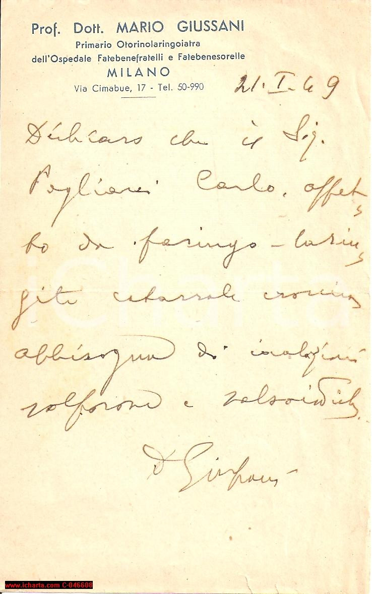 Oggetto da collezione cartaceo 1949 MILANO Primario Mario GIUSSANI per Carlo PAGLIACCI 1