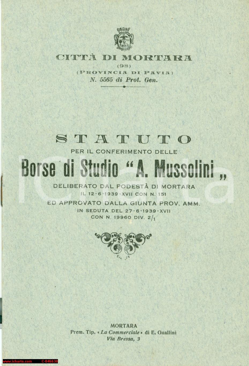 Oggetto da collezione cartaceo 1939 MORTARA PV Borse studio agrarie Arnaldo MUSSOLINI 1