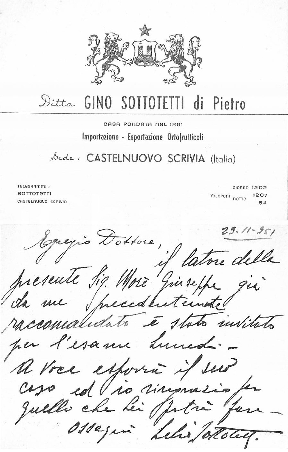 Oggetto da collezione cartaceo 1951 CASTELNUOVO SCRIVIA (AL) Ortofrutticoli SOTTOTETTI 1