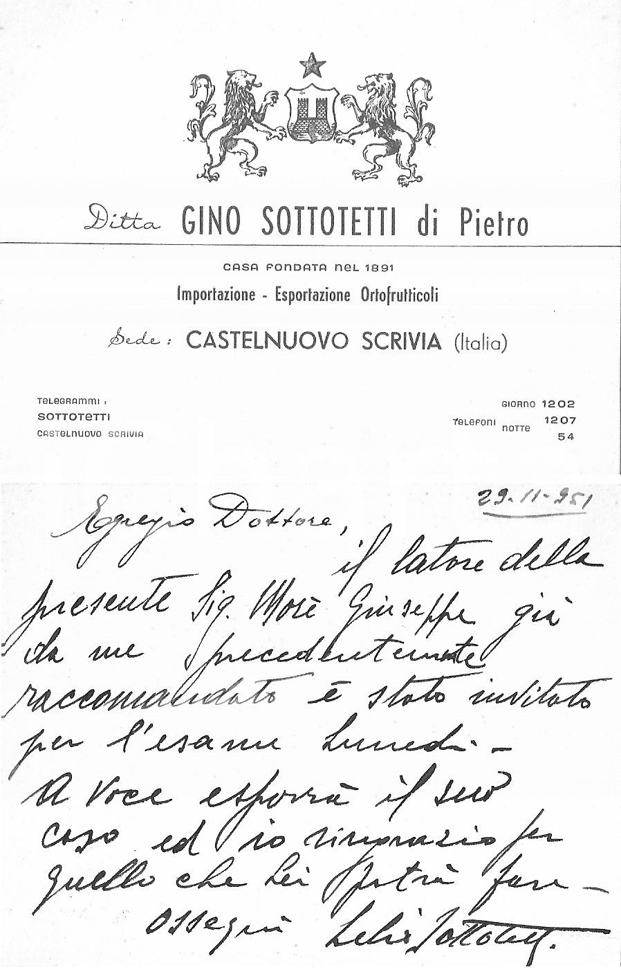 Oggetto da collezione cartaceo 1951 CASTELNUOVO SCRIVIA AL Ortofrutticoli SOTTOTETTI 1