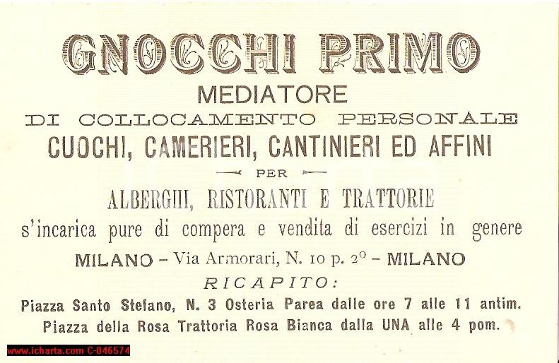 Oggetto da collezione cartaceo 1930 circa MILANO Primo GNOCCHI mediatore per camerieri 1