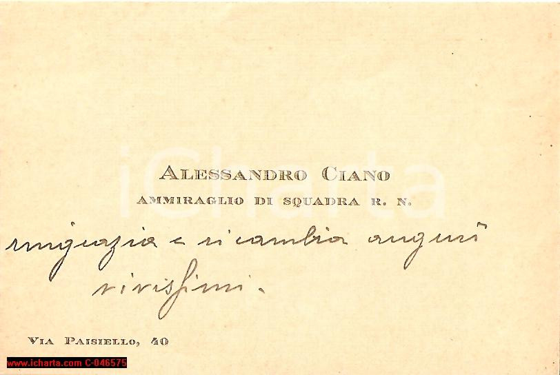 Autografo originale 1930 ca Biglietto autografo ammiraglio ALESSANDRO CIANO 1
