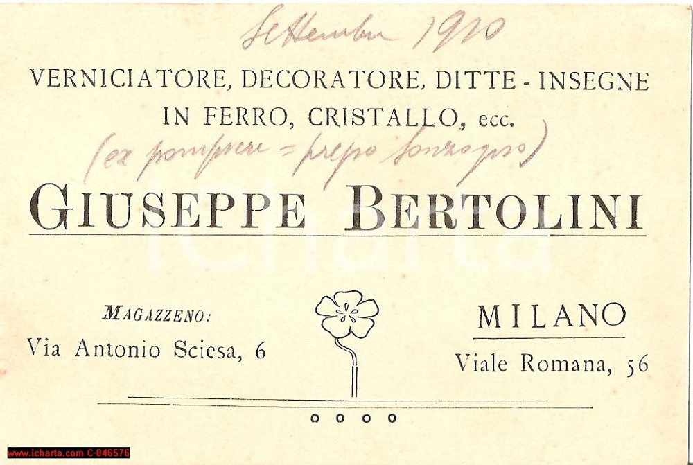Oggetto da collezione cartaceo 1910 MILANO Giuseppe BERTOLINI decoratore cristallo 1