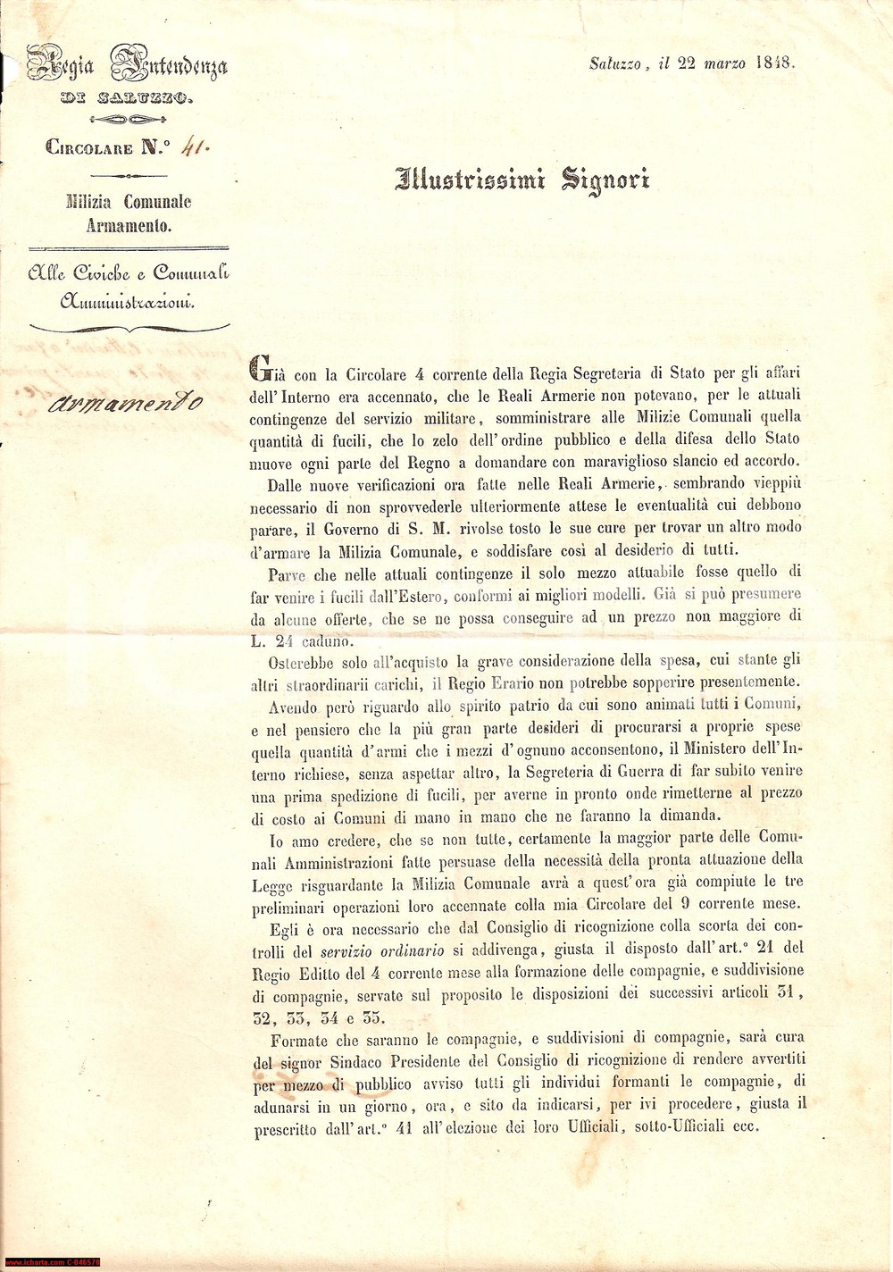 Documento originale, autentico 1848 SALUZZO (CN) PiÃ¹ fucili per le MILIZIE COMUNALI 1