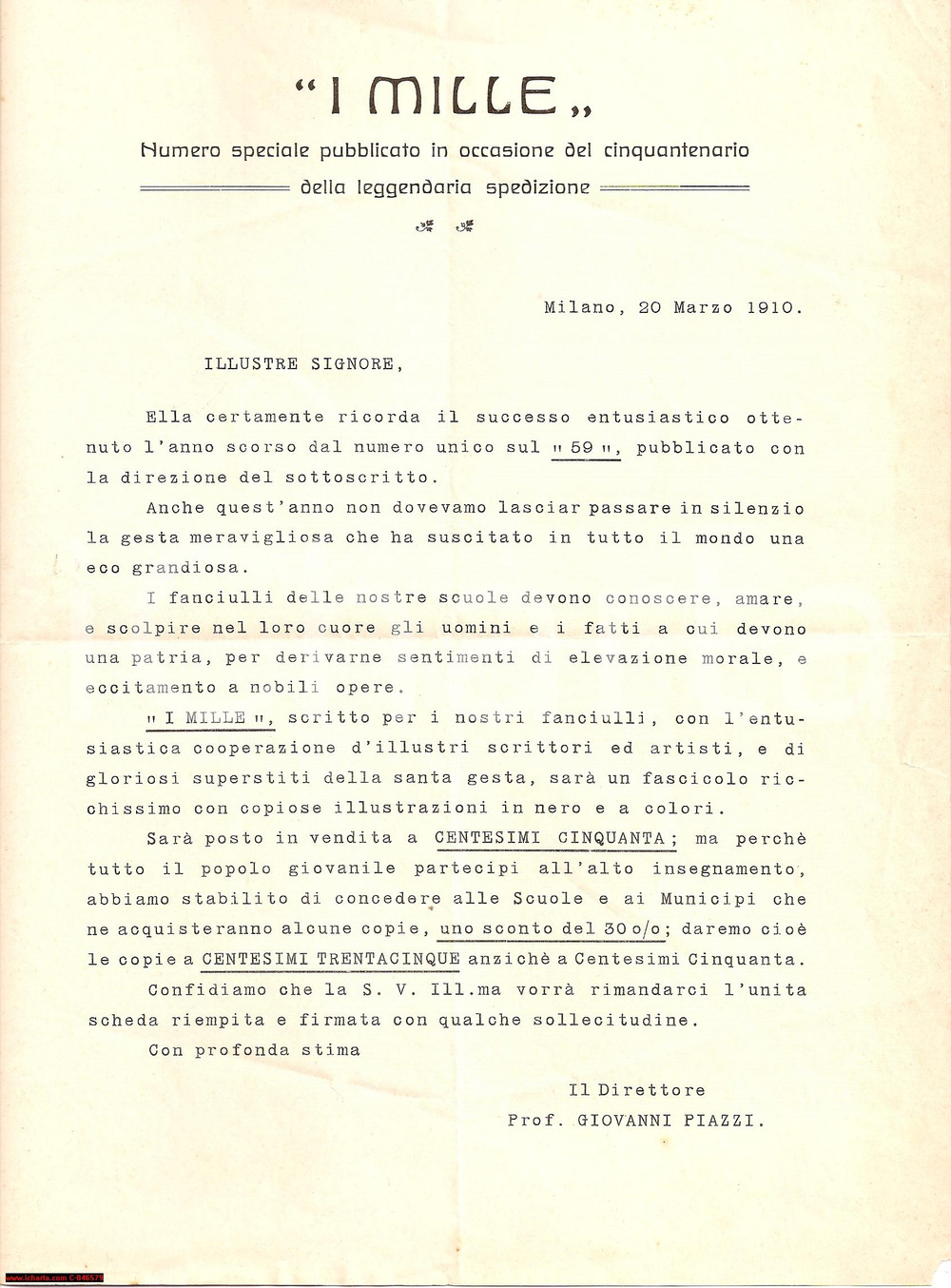 Documento originale, autentico 1910 MILANO Speciale cinquantenario spedizione I MILLE 1