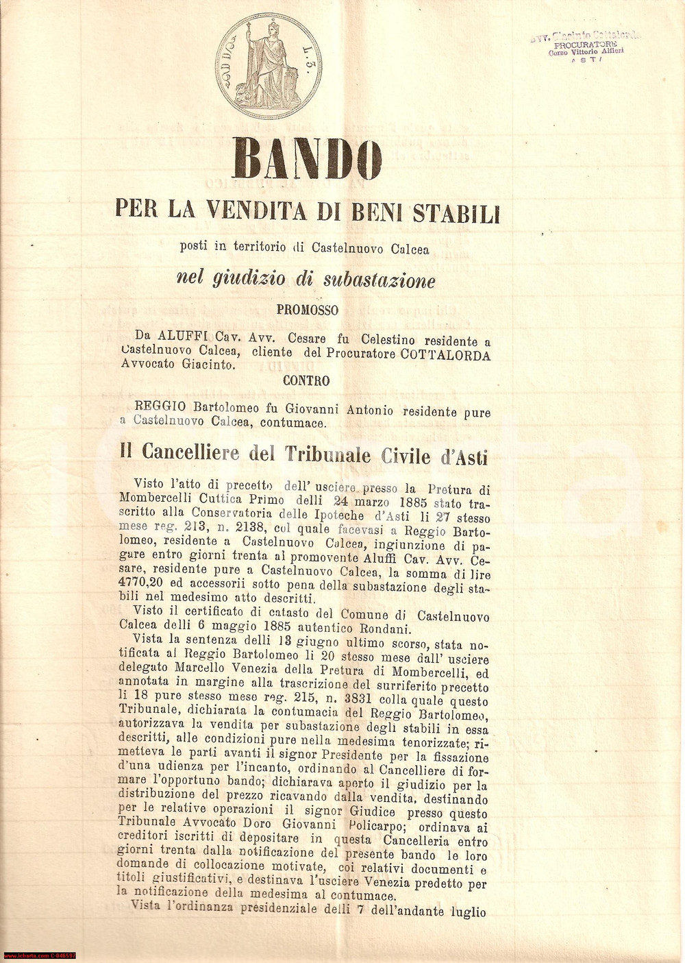 Documento originale, autentico 1885 CASTELNUOVO CALCEA AT Asta beni Bartolomeo REGGIO 1