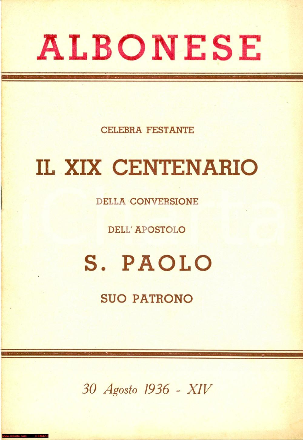 Oggetto da collezione cartaceo 1936 ALBONESE PV XIX centenario conversione SAN PAOLO 1