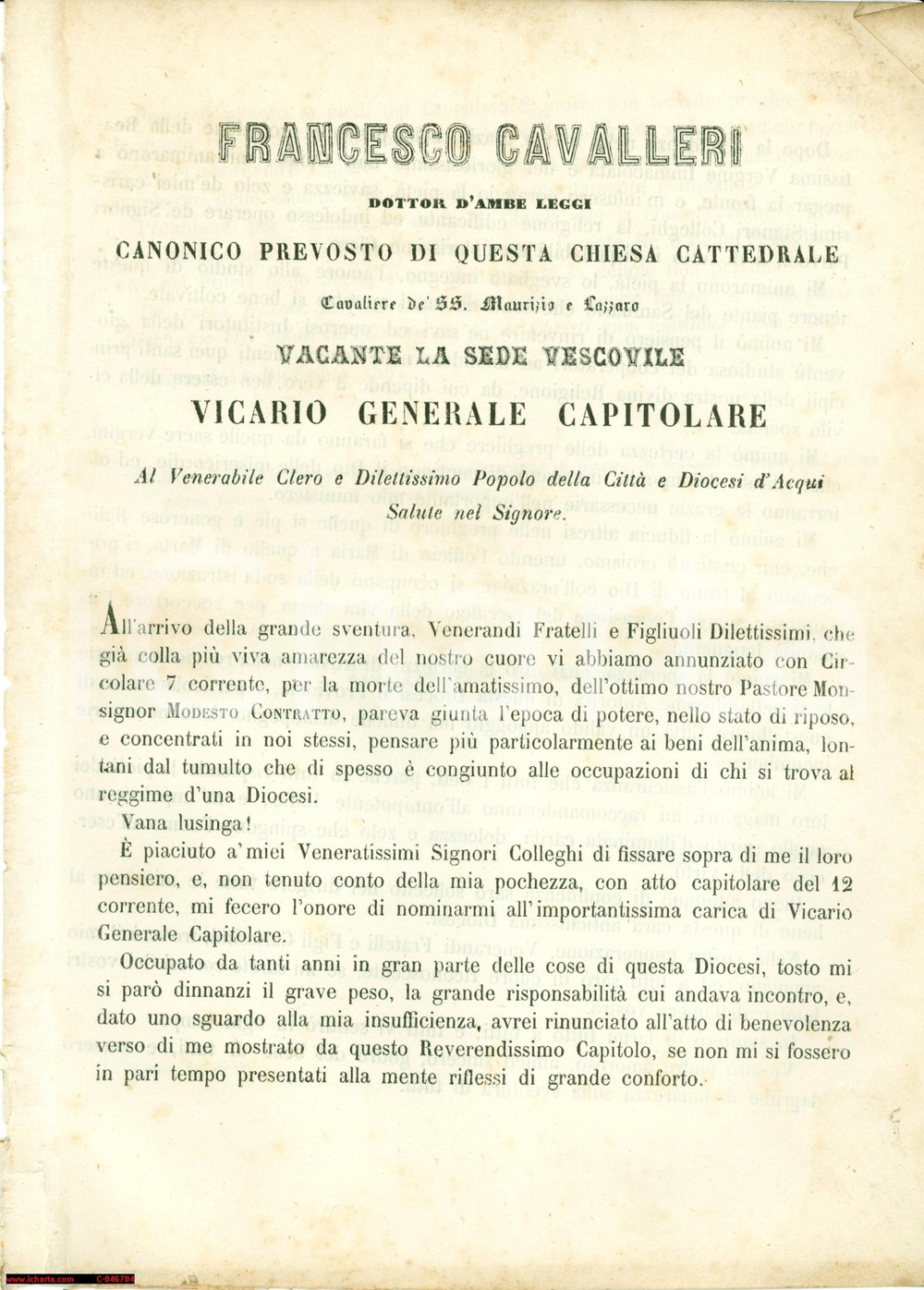 Documento originale, autentico 1867 ACQUI TERME (AL) Francesco CAVALLERI nuovo Vicario 1