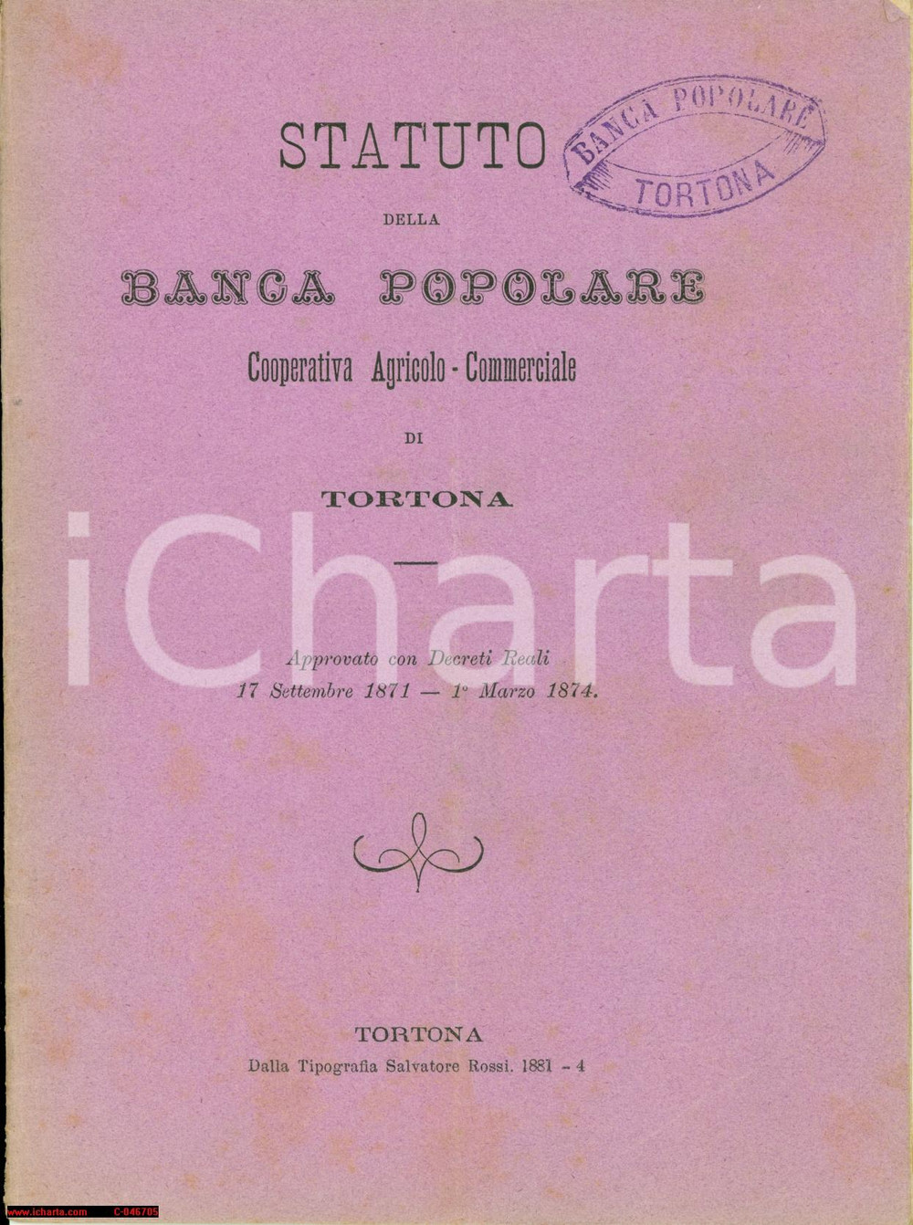 Oggetto da collezione cartaceo 1881 TORTONA (AL) Statuto della BANCA POPOLARE agricola 1