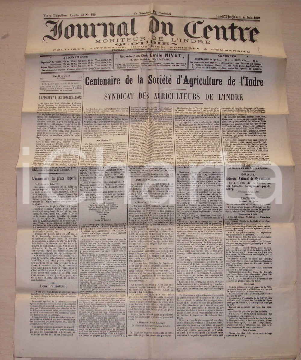 Giornale, rivista storica 1901 INDRE F Centenaire SociÃ©tÃ© d'AGRICULTURE giornale 1