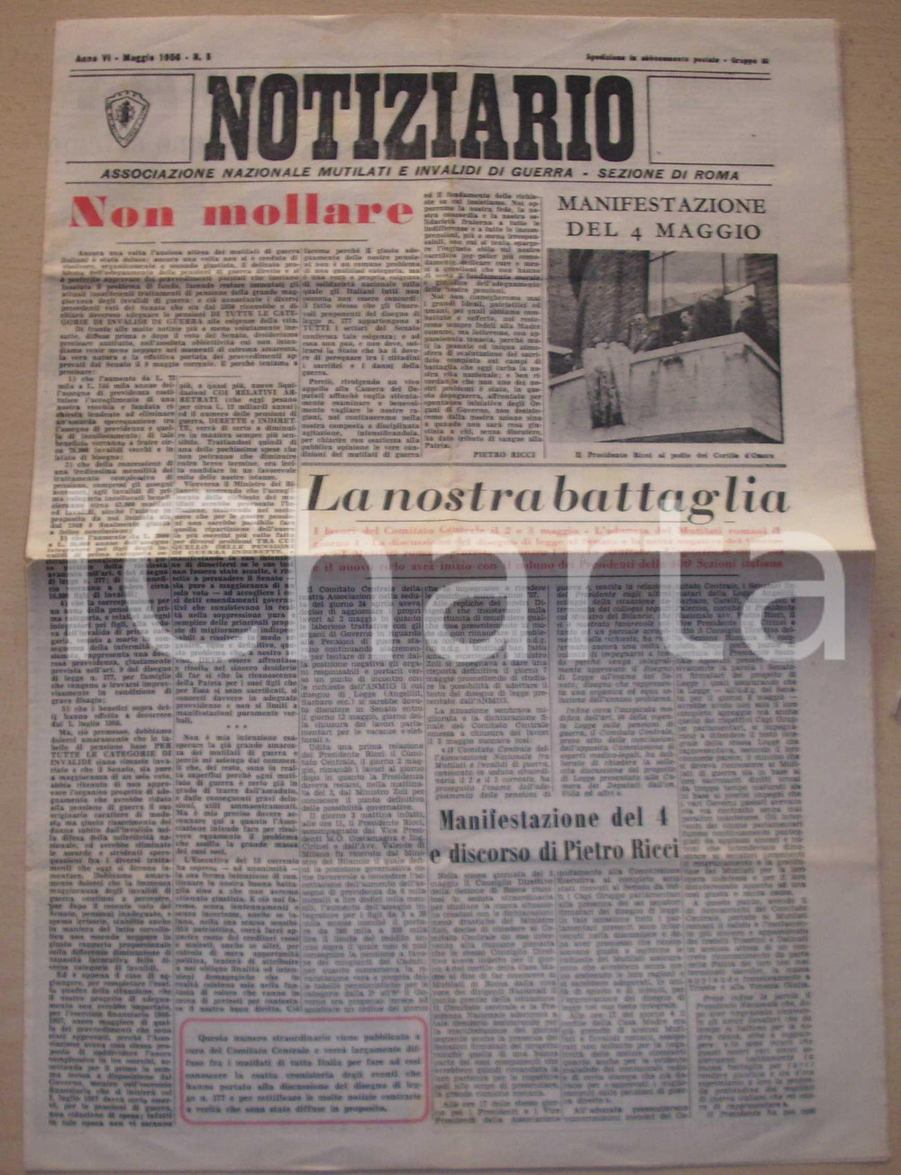 Giornale, rivista storica 1956 Associazione Mutilati NOTIZIARIO Pensione guerra 1