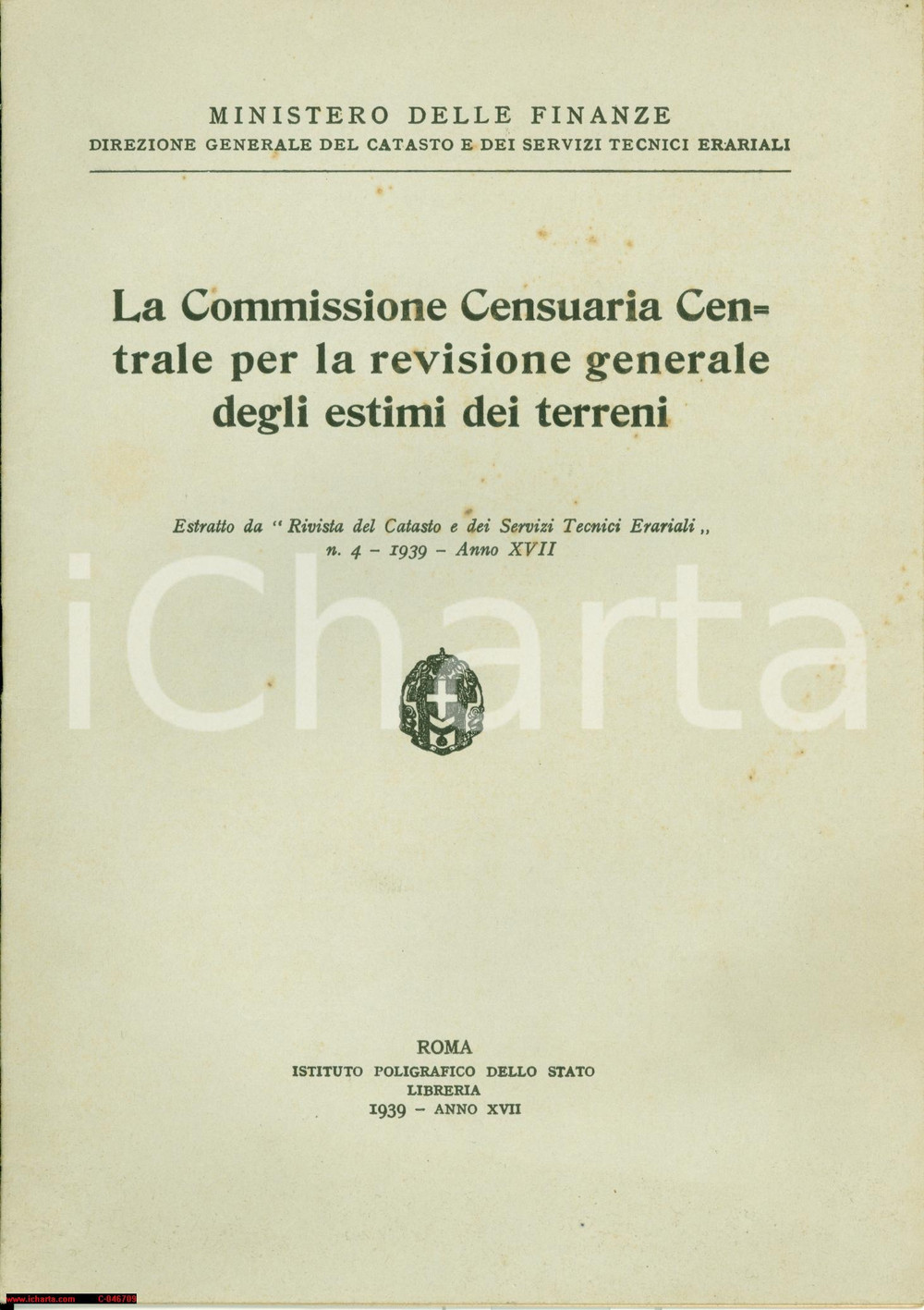 Libro, pubblicazione d'epoca 1939 Commissione CENSUARIA Centrale Arrigo SERPIERI 1