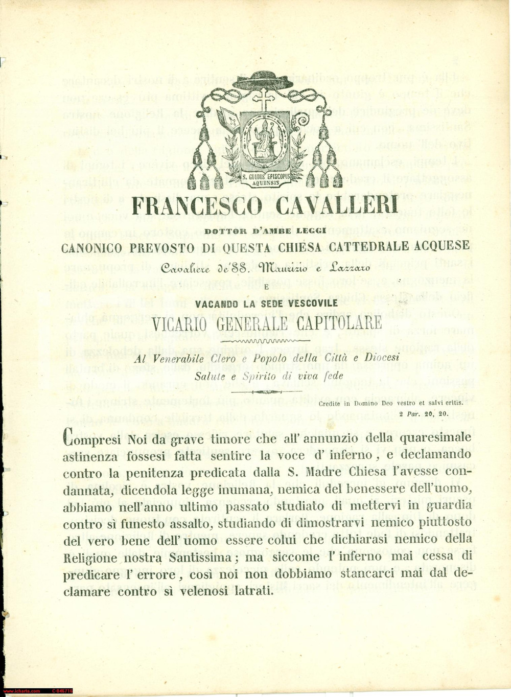Documento originale, autentico 1871 ACQUI TERME (AL) Difesa RELIGIONE dal razionalismo 1