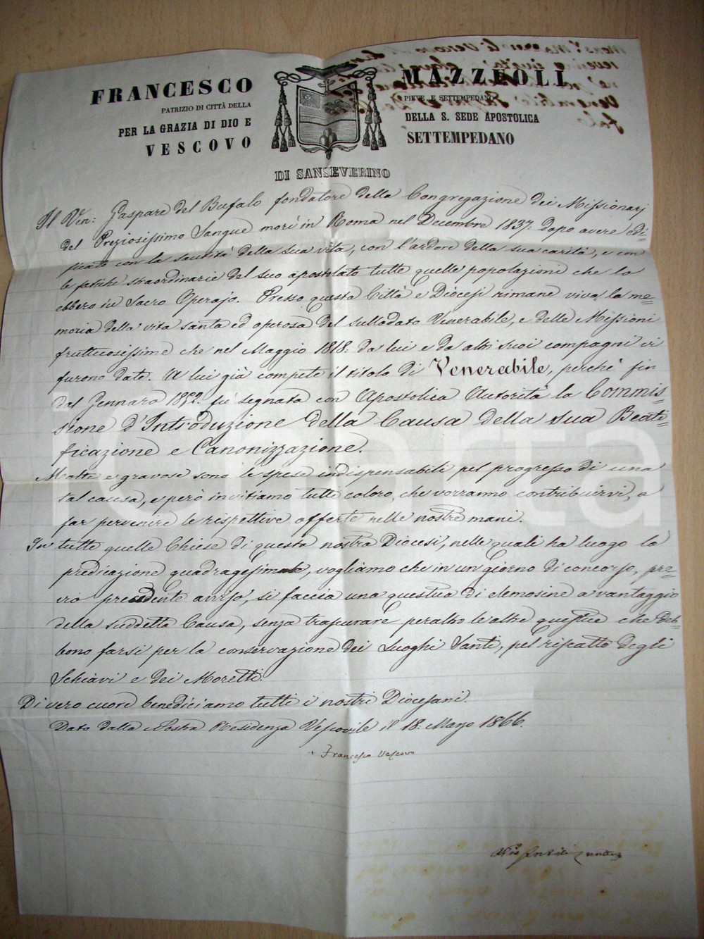 Documento originale, autentico 1866 Mons. Francesco MAZZUOLI pro Gaspare DEL BUFALO 1