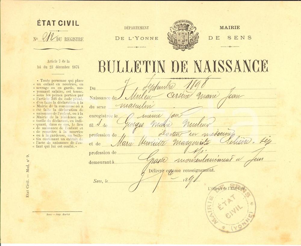 Documento originale, autentico 1898 SENS (YONNE) Bulletin de naissance Arsene MULEUR 1