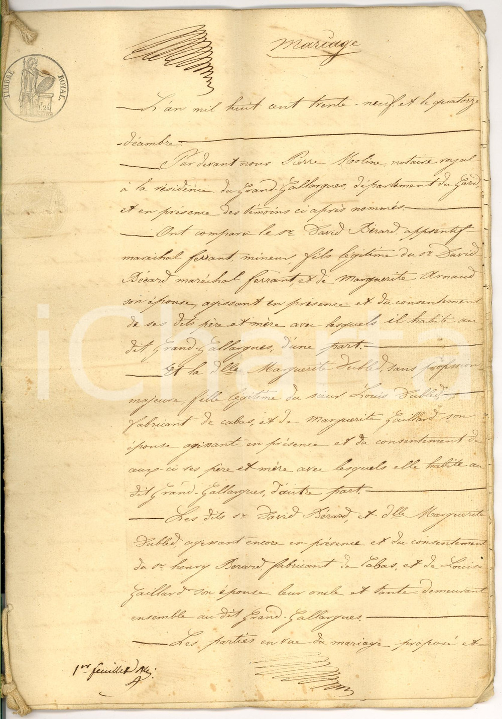 Documento originale, autentico 1839 GALLARGUESLEMONTUEUX  Mariage BERARD  DUBLED 1