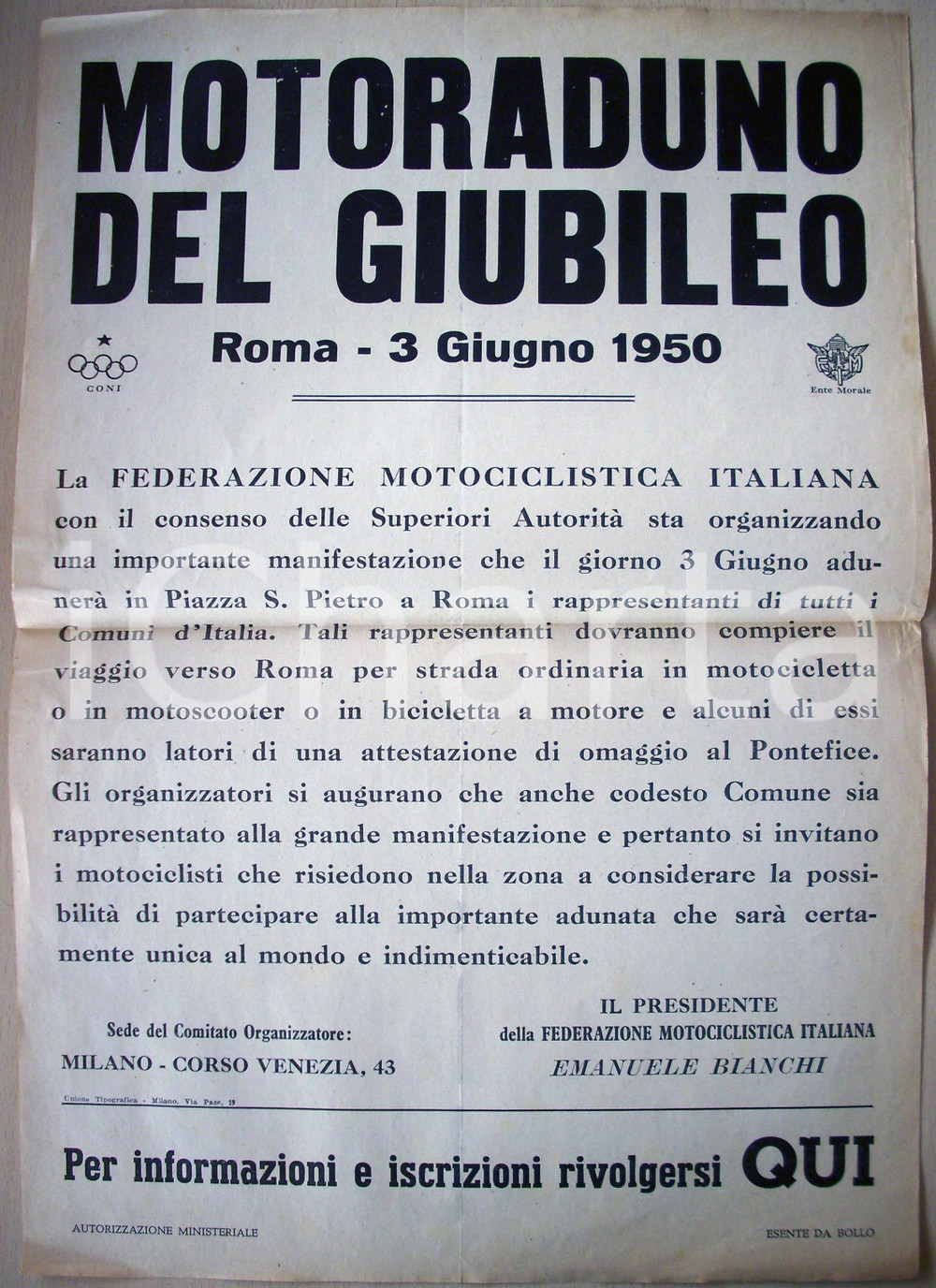 Oggetto da collezione cartaceo 1950 ROMA Motoraduno per il GIUBILEO Manifesto 30 x 44 1