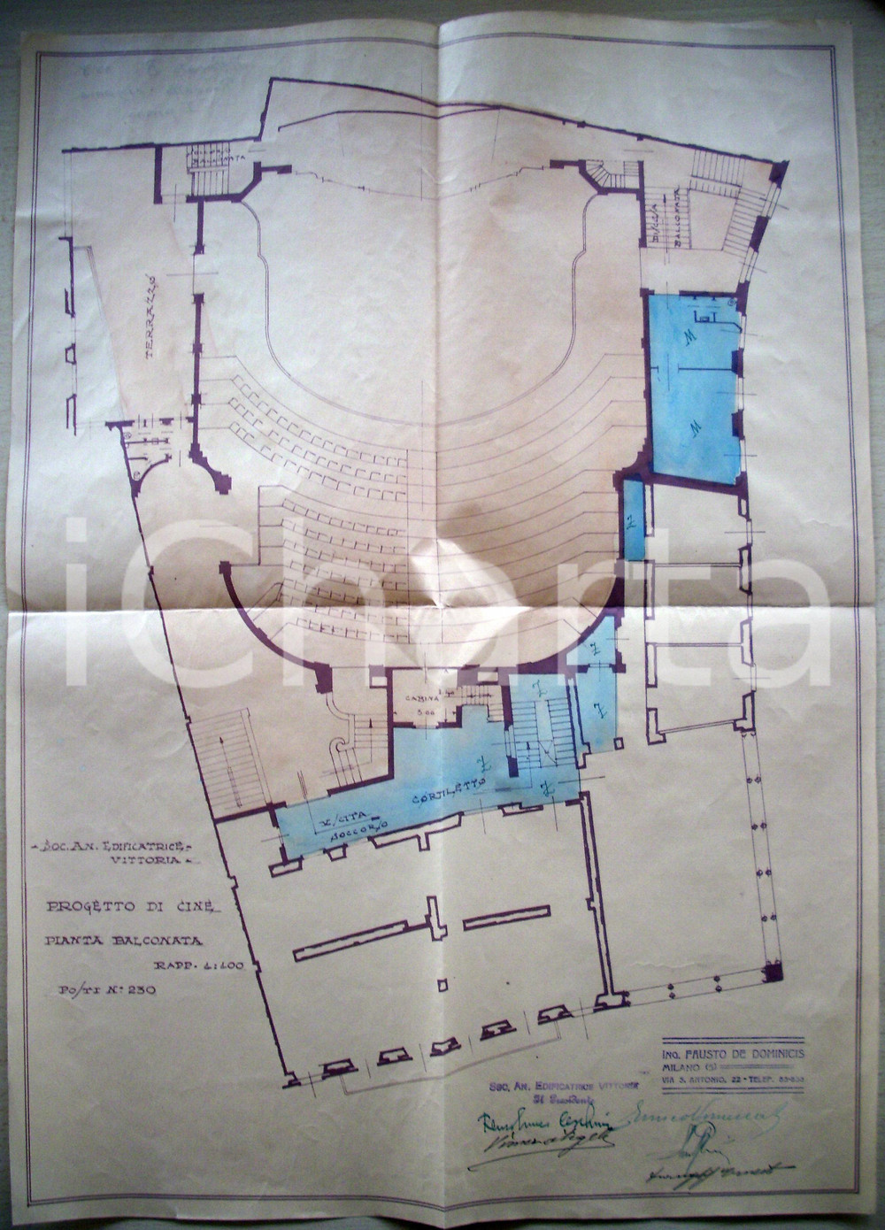 Mappa, planimetria storica 1925 MILANO Fausto DE DOMINICIS Progetto cinema SAN CARLO *Planimetria 1Â° piano 1