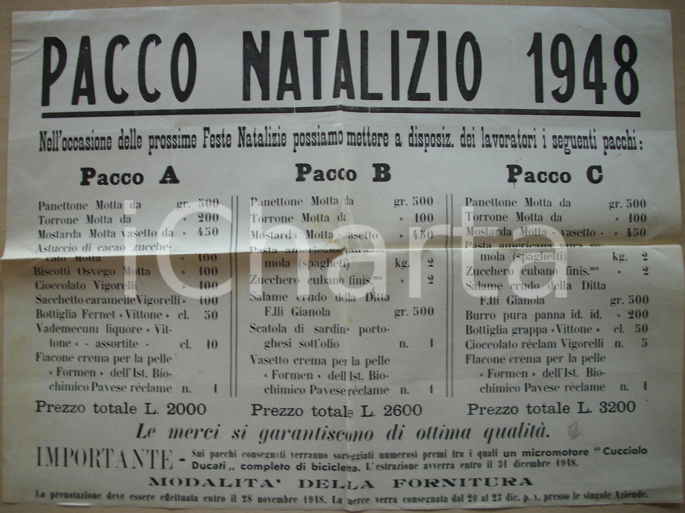 Documento originale, autentico 1948  Milano Pacco Natalizio per i lavoratori panettone MOTTA 1