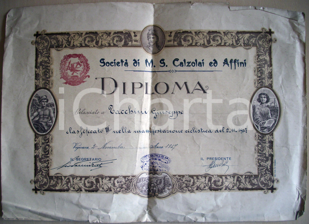 Documento originale, autentico 1947 VIGEVANO Soc. calzolai Diploma Giuseppe TACCHINI 1