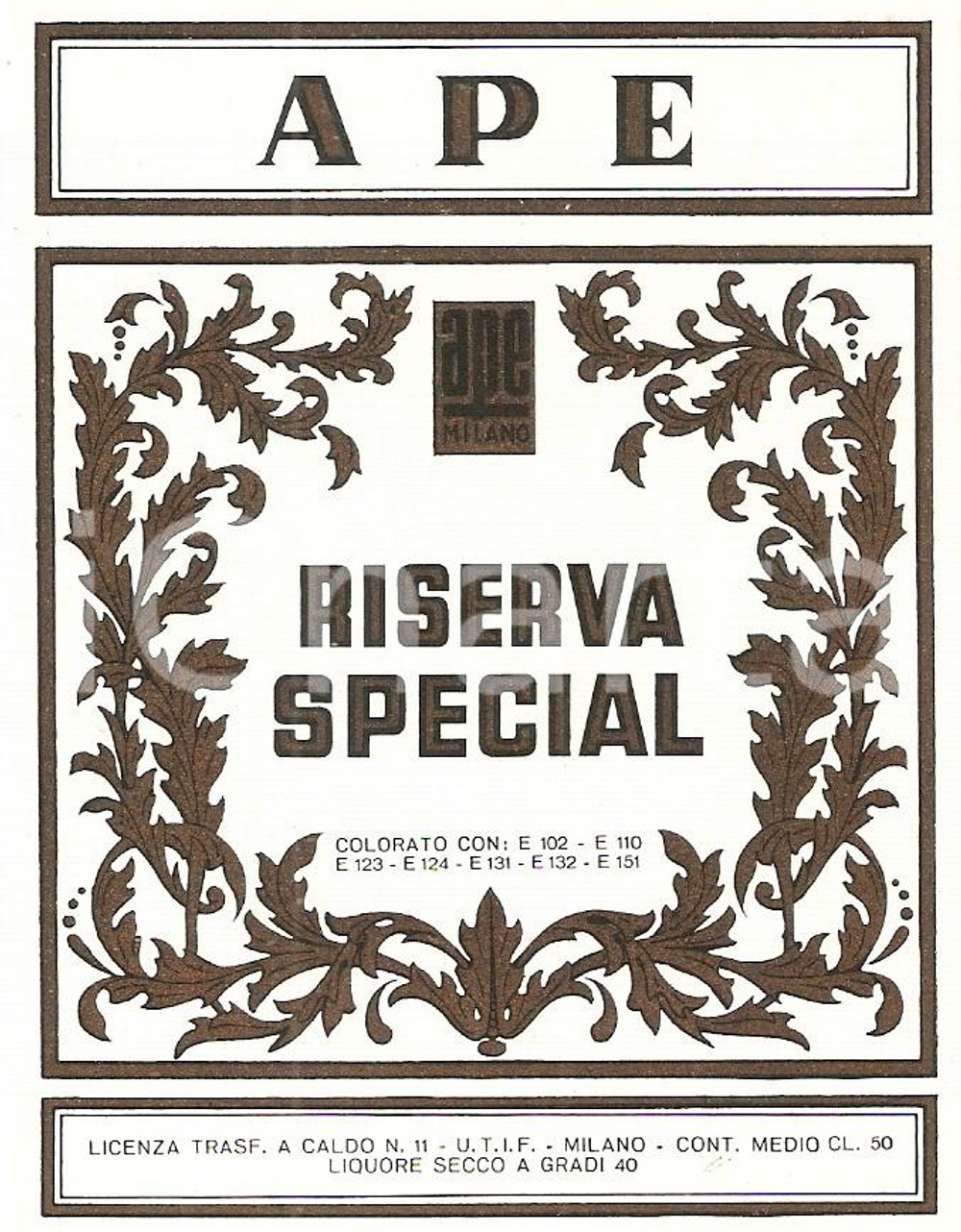 Materiale pubblicitario d’epoca 1970 ca MILANO Distilleria APE Liquore secco RISERVA SPECIAL Etichetta 1