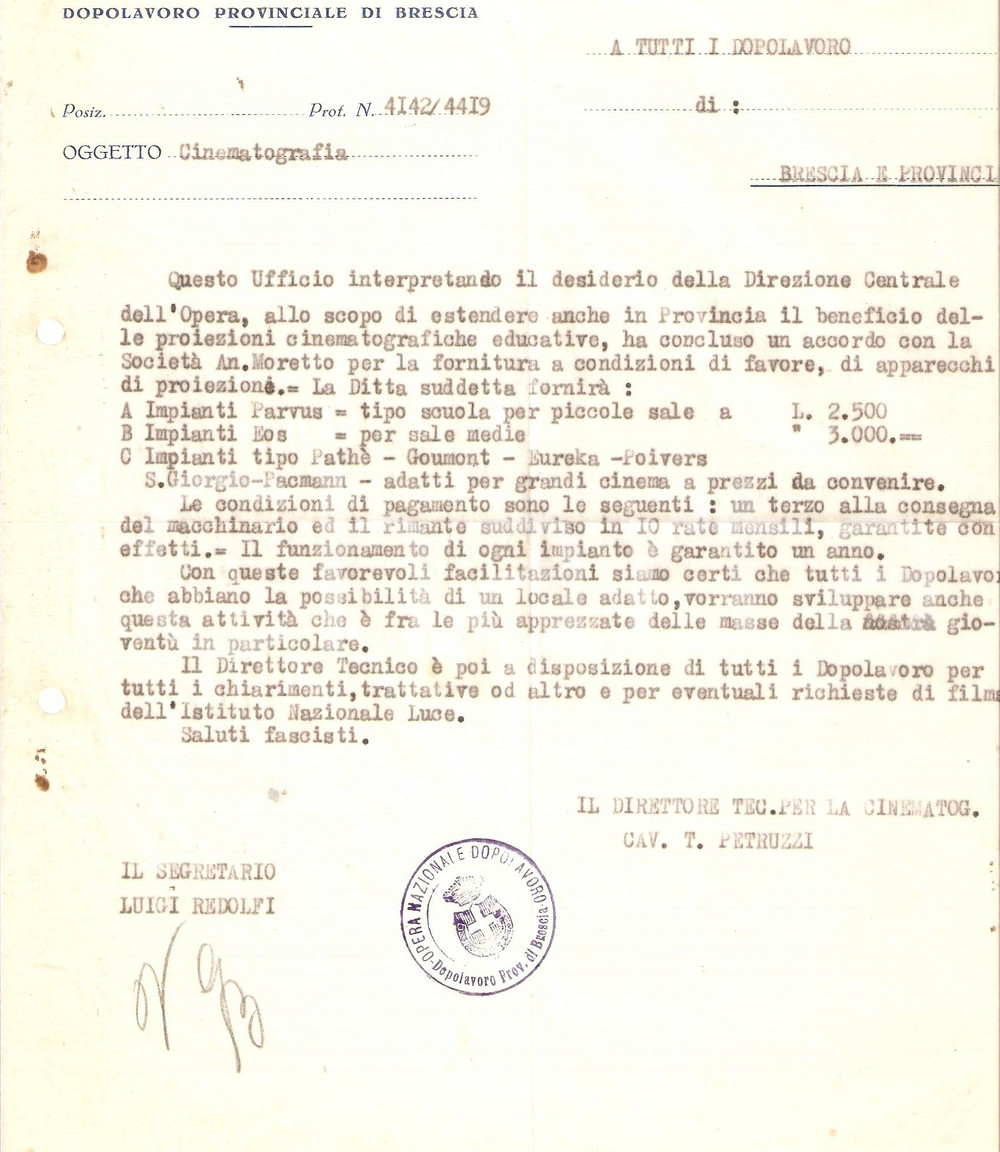 Documento originale, autentico 1928 BRESCIA Macchine per il cinema nelle sale di provincia SocietÃ  MORETTO 1