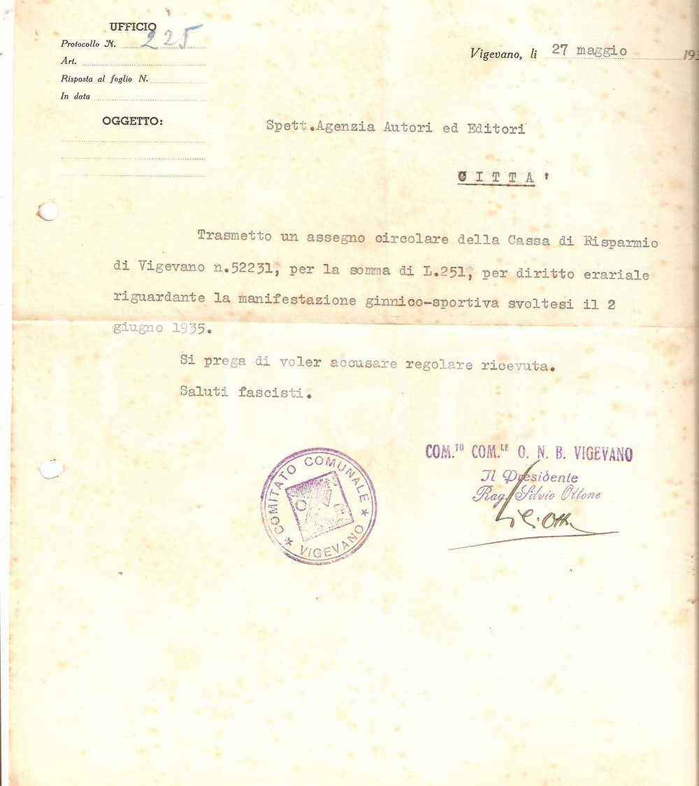 Documento originale, autentico 1936 VIGEVANO PV Manifestazione sportiva Opera BALILLA 1
