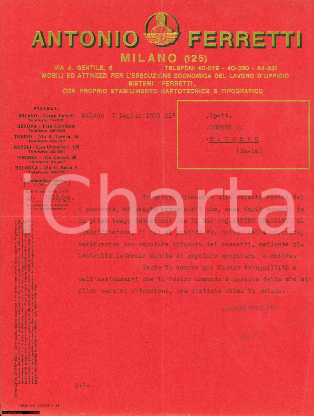 Manoscritto, lettera originale 1933 MILANO Mobili attrezzi ufficio Antonio FERRETTI 1
