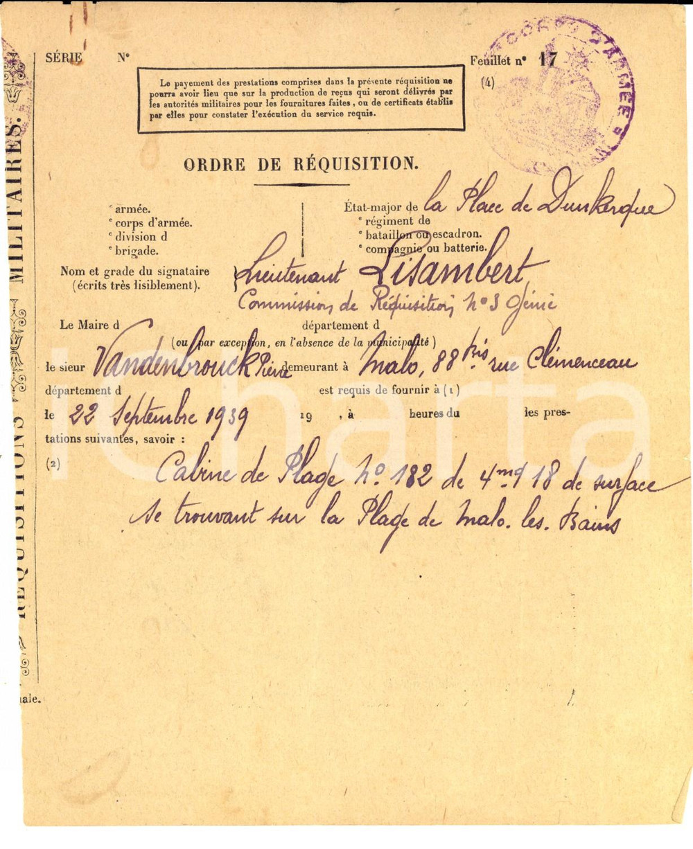 Documento originale, autentico 1939 MALO-LES-BAINS (F) Ordine requisizione di una cabina sulla spiaggia 1